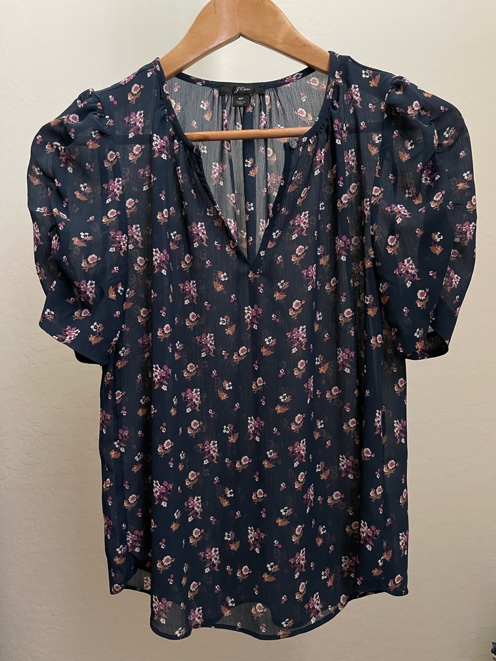 J. Crew Navy Floral Puff Sleeve V-Neck Blouse
